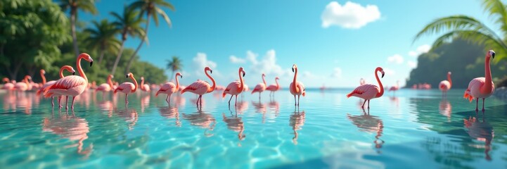 Obraz premium A serene tropical scene featuring vibrant pink flamingos wading in crystal-clear waters, surrounded by lush palm trees and a bright blue sky. ideal for nature and travel themes.