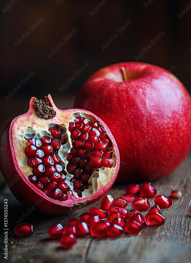 Poster red apples and pomegranate on a wooden table with water droplets in a rustic setting