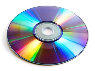Isolated CD and DVD discs on white background with shiny, colorful surfaces representing digital media storage and technology
