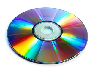 Isolated CD and DVD discs on white background with shiny, colorful surfaces representing digital media storage and technology