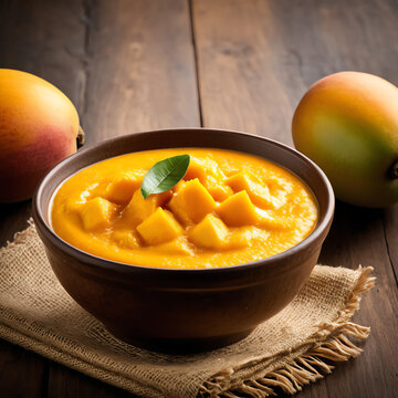 Aamras (Mango pulp) served in a bowl. Cinematic ultra high definition 4k photograph with studio lights.