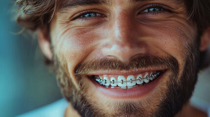 Close-up of a smiling woman with braces. Closeup portrait of a happy male model showing her teeth and dental work. Realistic photo, stock photography, professional color grading, clear sharp focus.