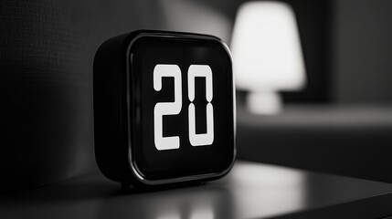 A black and white minimalist alarm clock with a bold numeric display on a clean nightstand.