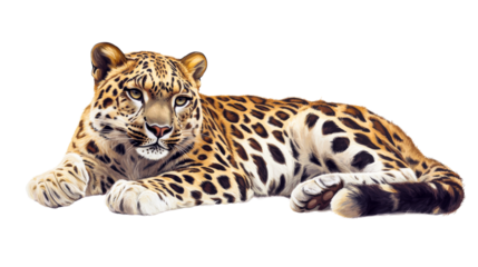Leopard lying down, feline predator spotted coat, cut out transparent