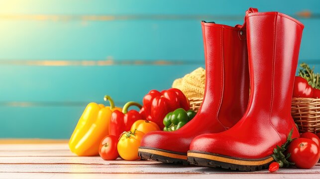 Red boots with fresh peppers and a basket on a light wooden surface, against a turquoise backdrop