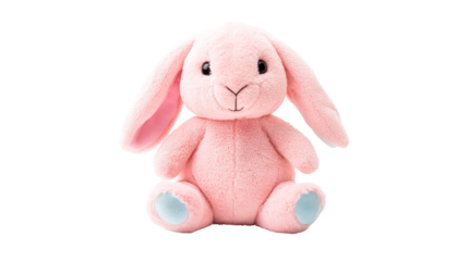 Pink plush rabbit with blue paws, toy bunny isolated, cut out transparent