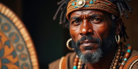 Fototapeta premium A close-up portrait of a thoughtful man adorned with traditional accessories, showcasing rich cultural heritage and deep expression.