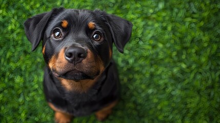 Fototapeta premium Rottweiler puppy sitting on green grass
