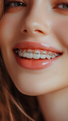 Fototapeta premium Close-up of a smiling woman with braces. Closeup portrait of a happy female model showing her teeth and dental work. Realistic photo, stock photography, professional color grading, clear sharp focus.
