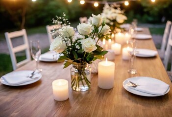A beautifully set table with plates, flowers, and candlelight creates a festive vibe.