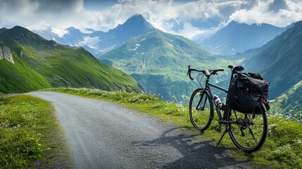 Fototapeta premium A fully equipped touring bike parked on a gravel road with scenic mountain views.