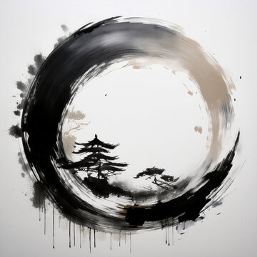Abstract ink painting of Japanese Enso Zen circle, textured brushstrokes and subtle ink splatters