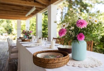 Fototapeta premium A beautiful table with vibrant flowers and dishes awaits guests outdoors.