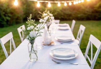 Fototapeta premium Festive table adorned with fresh flowers, inviting friends to enjoy the moment.