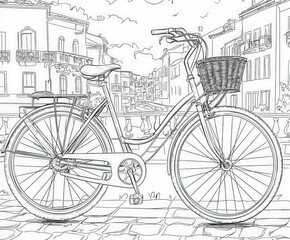 A bicycle ride through a neighborhood, coloring page for kids, simple outline illustration. Coloring book.