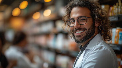 Fototapeta premium Smiling pharmacist in a white coat standing in a modern pharmacy. Professional, friendly, and knowledgeable, representing healthcare and medical expertise.