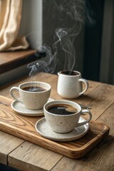 Warm Coffee Cups on Wooden Table in Cozy Setting Generative AI