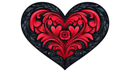 Heart with floral ornament, black and red, stylized, cut out transparent