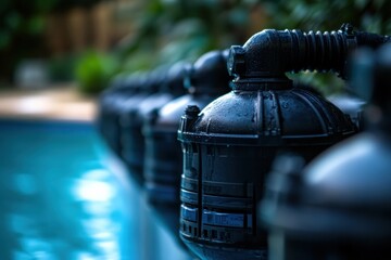 Close up view of a pool pump system with water flowing nearby Generative AI