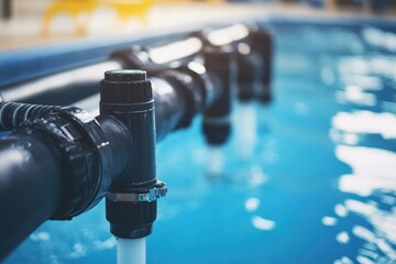 Close up view of a pool pump system with water flowing through pipes Generative AI