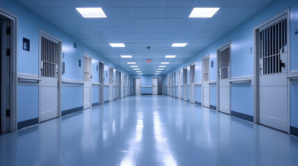 Fototapeta premium Hospital Hallway in Sterile Environment with Blue Walls and Security Doors Showcasing Modern Institutional Architecture