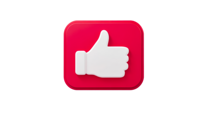 Red button with white thumbs up approval gesture, cut out transparent