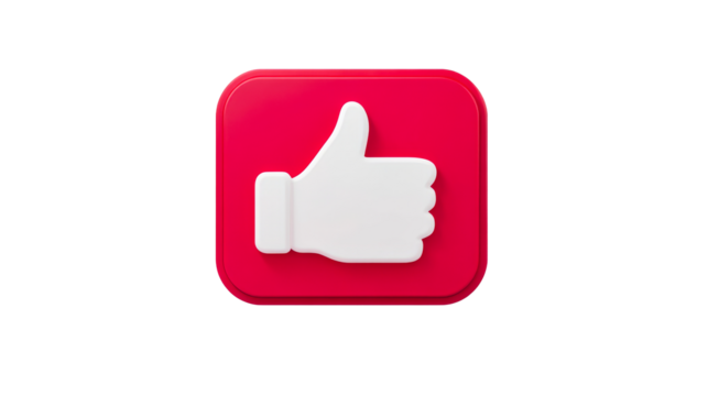 Red button with white thumbs up approval gesture, cut out transparent