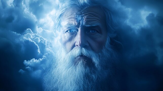 Ancient God of the Heavens, Powerful Deity with Flowing Beard in Sky, Mythology and Power - Powered by Adobe