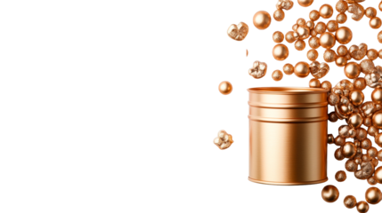 Gold particles floating above a metal barrel, cut out transparent