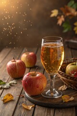 Refreshing Apple Beverage in a Cozy Autumn Setting Generative AI