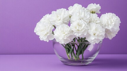 A modern glass vase filled with white carnations placed on a lavender-toned backdrop.