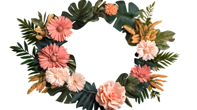 Floral Wreath with Lush Foliage and Peach Flowers, cut out transparent