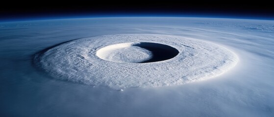 Aerial view of a large storm shows powerful clouds and dark sky in a circular form