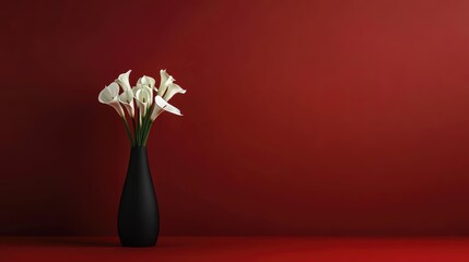 A modern sculptural vase holding a bunch of white lilies against a rich aubergine background.