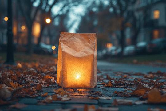 A glowing luminary bag on a pathway, warm and inviting, nighttime atmosphere