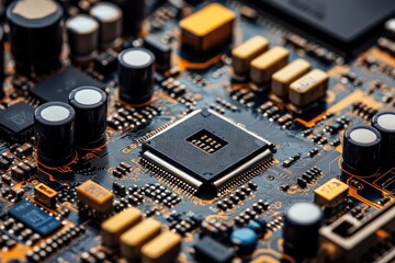 Close up of complex circuit board with a centered chip and other electronic components