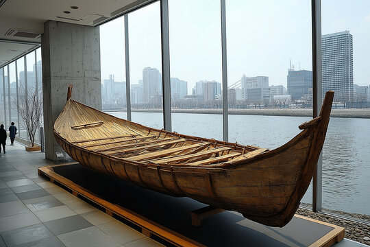 A historical representation of a bireme, an ancient type of ship, showcasing its design and use.