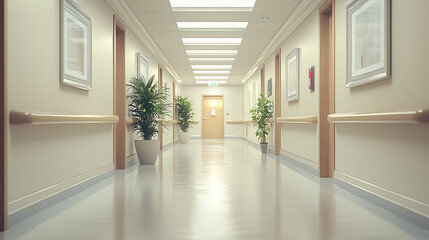 Fototapeta premium Modern Hospital Corridor: Clean, Bright & Inviting Healthcare Design with Peaceful Aesthetics