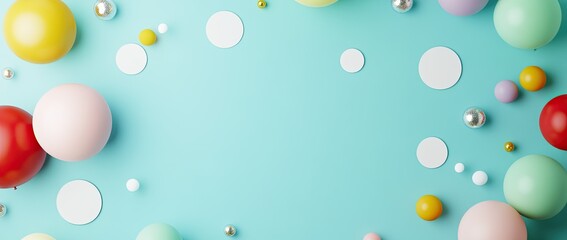 The background is a light blue color, with colorful balloons and white circular labels floating on it