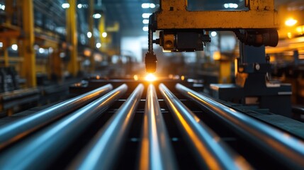 A precision laser measuring steel bars on an automated factory line.