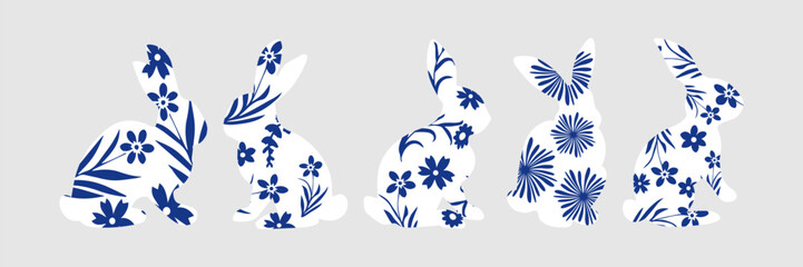 Obraz premium Vector Easter painted rabbit. Spring icons. Easter bunny rabbits in different poses.