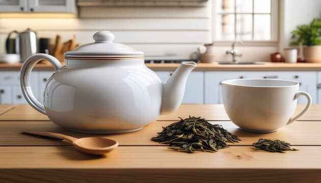 Una tetera y una taza blancos junto a un pu&ntilde;ado de t&eacute;, una cucharilla y unos terrones de az&uacute;car en una cocina luminosa