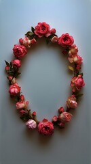 Obraz premium Pink Rose Floral Arrangement in an Oval Shape on a White Background