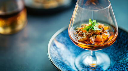 A super close-up view from above of a cognac glass with a savory snack on a blue dish
