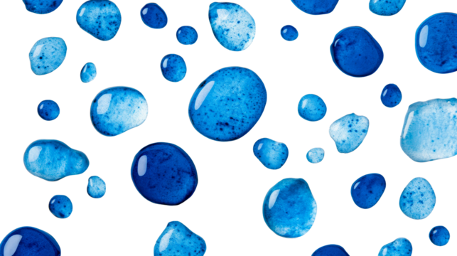 Abstract blue water drops on black, creative design element, cut out transparent