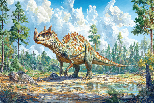 A scientific illustration of Achelousaurus, showcasing this dinosaur's distinctive features and environment