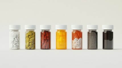 A selection of nutritional supplement bottles aligned in a row on a neutral medical background.