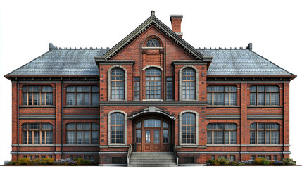 Fototapeta premium Historical School Building with Classical Brick Architecture - Iconic Red Brick Facade and Vintage Design in Urban Landmark Setting