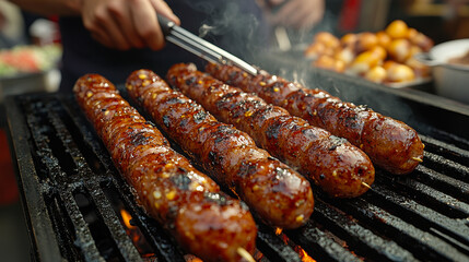 Grilling Sausages at Farmer's Market: Chef Handling BBQ with Steam Rising