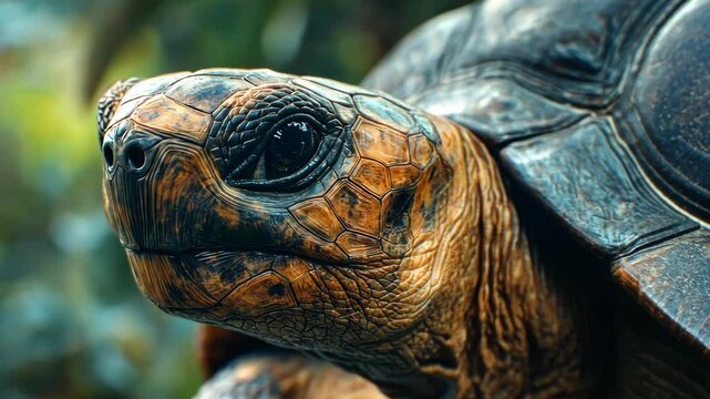 Close-up of an exotic tortoise in natural habitat with detailed shell texture
